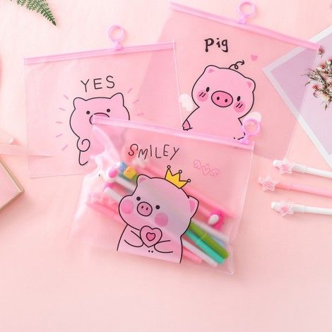 South Korea Stationery small fresh transparent frosted pink pig ring storage bag document bag student stationery bag pen bag