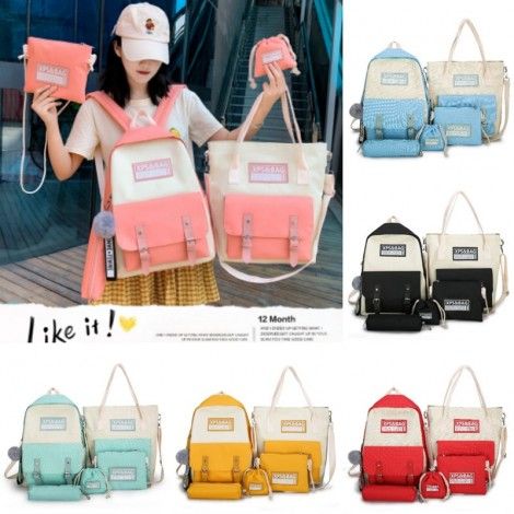  new schoolbag female junior high school students Korean double shoulder bag student campus backpack color contrast five piece set bag