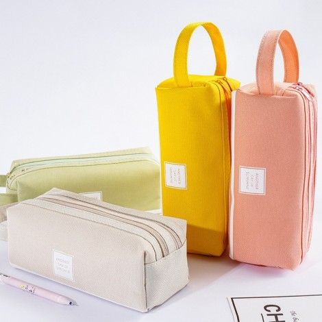 2538 creative, simple, fresh and large capacity pen bag, double-layer canvas, multi-functional solid color pencil case, student stationery bag