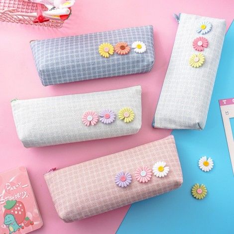 Elegant small daisy canvas large capacity pen bag creative simple multi-functional pure color small fresh pencil box stationery box