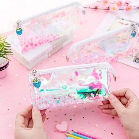 Pink girl's heart Cherry Blossom laser pencil bag transparent reflective bright pencil box lovely large capacity stationery bag