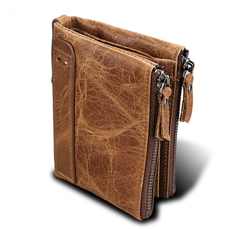 Crazy Horse Leather Men's wallet RFID anti-theft brush leather short men's ticket wallet wallet double zipper zero wallet 