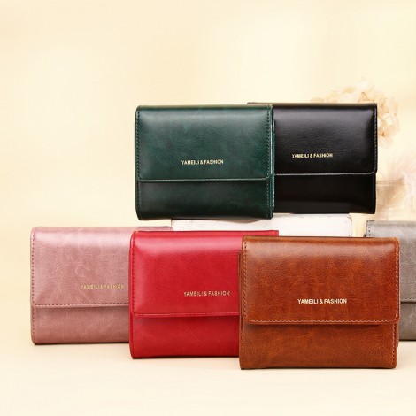 new short wallet women's oil wax leather retro zero wallet buckle coin bag women's small wallet