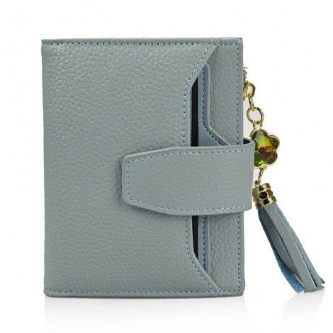 Women's short genuine leather wallet, sweet tassel, solid color, three fold women's wallet, classic change bag 