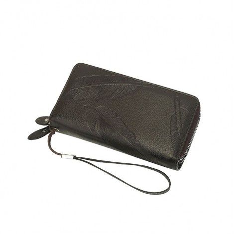 Men's Wallet Feather Double Zipper Indentation Phone Bag with Large Capacity Multi Card Position Handheld Bag 