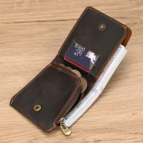 Men's Vintage Genuine Leather Short Wallet with Zipper, Change Cover, Cowhide Multi Card, Crazy Horse Leather Half Fold Wallet 