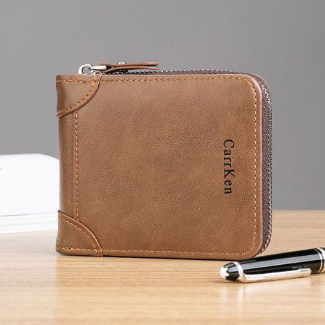 Men's Short Wallet Retro Horizontal Multi functional Card Bag with Multiple Card Positions, Three fold Driver's License Zipper Bag 