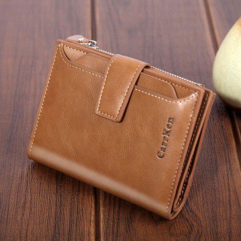 Men's Wallet Short Wallet Button Large Capacity Zipper Oil Wax Leather Soft Leather Zero Wallet 