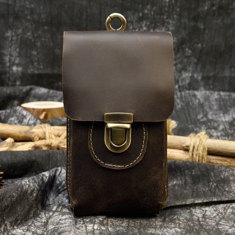 Genuine leather men's waist bag, crazy horse leather double-layer belt hanging bag, cowhide sports phone bag 