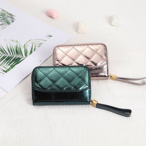 Women's leather wallet, summer laser card bag, card cover, organ zipper, diamond grid mini cowhide small bag 