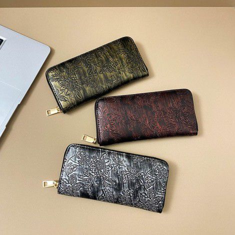 New Women's Wallet Retro Fashion Long Handheld Bag PU Flower Large Capacity Wallet Change Phone Bag 